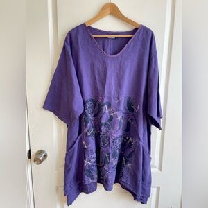 Blue Fish Asymmetrical Hemp Linen Tunic Size 2x Purple Hand Painted Made In USA